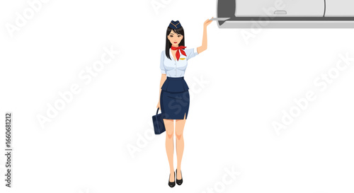 Air Hostess Demonstrating Safety Protocol in a Modern Airplane Cabin Setting