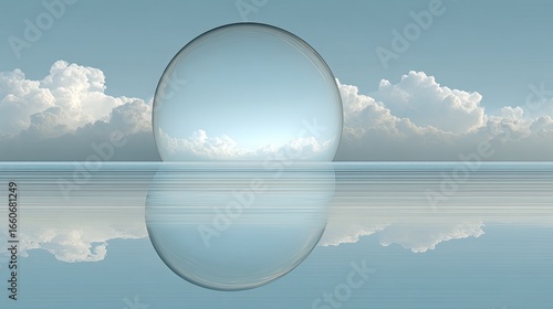 Tranquil scene with a large, clear sphere over a mirrored sea.  Vast, pale sky with soft clouds, calm water, reflection