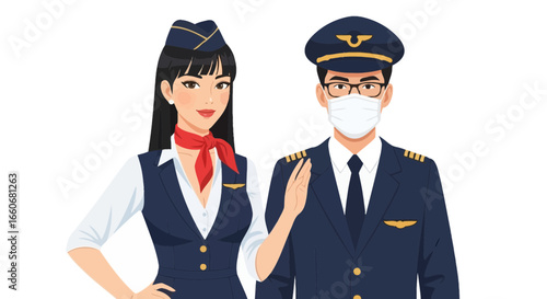 Airline crew portrait pilot and stewardess in uniform with face mask protection