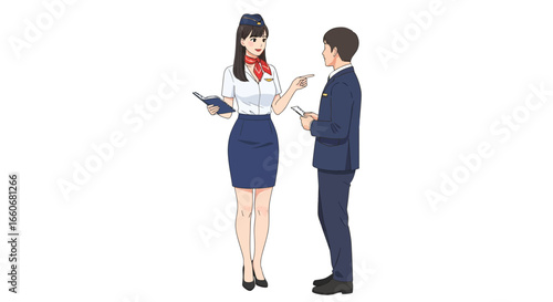 Airline employee assisting passenger with travel information animated style