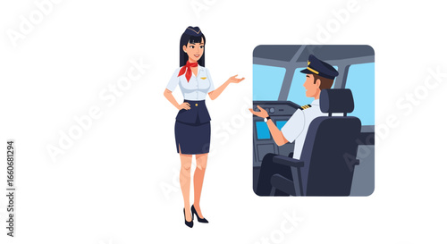 Animated air hostess alongside the male pilot in the cockpit illustration