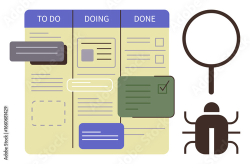 Task board featuring To Do, Doing, and Done columns with cards, magnifying glass, and a bug icon. Ideal for project workflow, task organization, debugging, productivity planning software