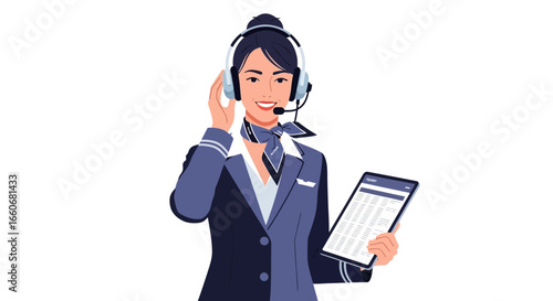 Aviation professional providing service with digital tablet and headset
