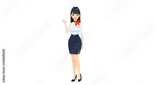 Charming stewardess in classic uniform offering a warm welcome to passengers