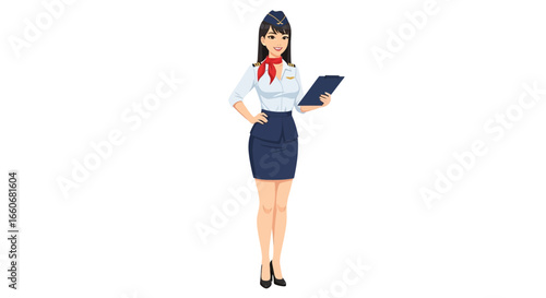 Charming stewardess character in uniform ready for smooth flight services