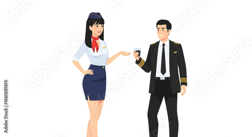 Charming stewardess serving a beverage to a distinguished airline pilot