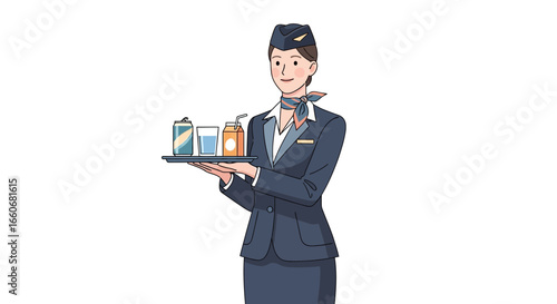 Charming stewardess serves beverages with elegance and grace, illustration