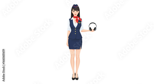 Charming stewardess with headphones offering in-flight entertainment options