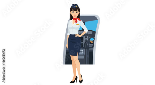 Confident Asian Air Hostess Standing in Aircraft Cockpit Illustration