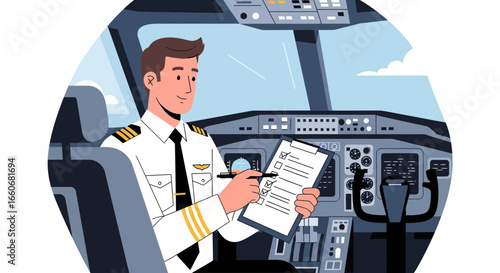 Confident pilot conducting pre-flight checklist review in the cockpit interior