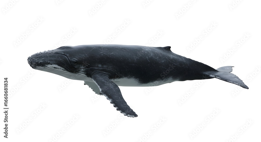 Naklejka premium Humpback whale with realistic skin texture and body shape, isolated on white background.