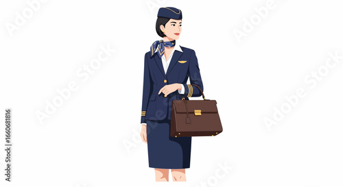 Elegant Air Hostess illustration with Classic Briefcase and Smart Uniform