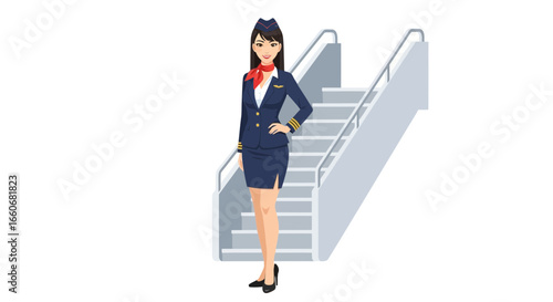 Elegant air hostess in classic uniform standing by boarding stairs illustration