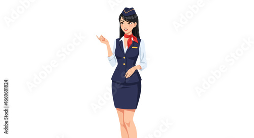 Elegant air hostess in uniform with a friendly gesture, pointing towards