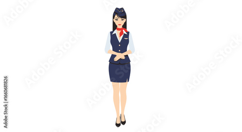 Elegant air hostess in official uniform stands against white backdrop