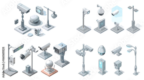 Isometric security cameras, CCTV poles, and surveillance devices for smart-city monitoring. Ideal for technology, safety, and urban infrastructure visuals.