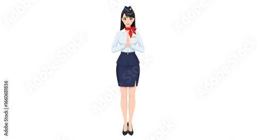 Elegant air hostess in uniform with hands together welcoming service