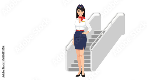 Elegant air hostess stands confidently by airplane stairs on bright day
