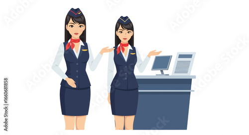 Elegant air stewardesses presenting services, aviation industry illustration