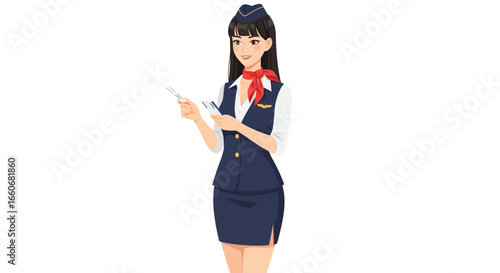 Elegant air hostess with boarding passes illustration on white surface