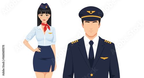 Elegant aviation crew a pilot and a flight attendant ready for takeoff