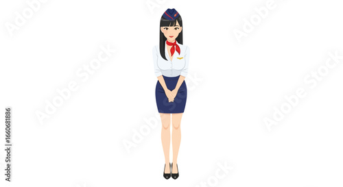 Elegant Asian stewardess in uniform against a seamless backdrop design