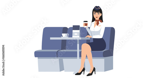 Elegant flight attendant enjoying coffee on board during a break