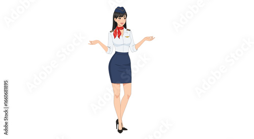 Elegant flight attendant in uniform giving a safety demonstration illustration