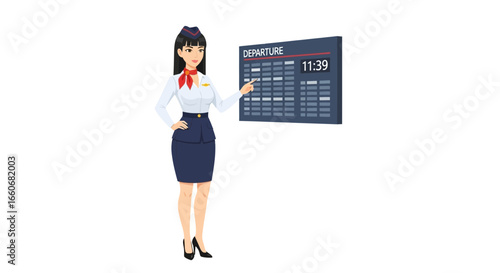 Elegant stewardess indicates departure board with information at the airport