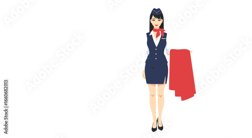 Elegant stewardess in navy uniform with vibrant red scarf and blanket