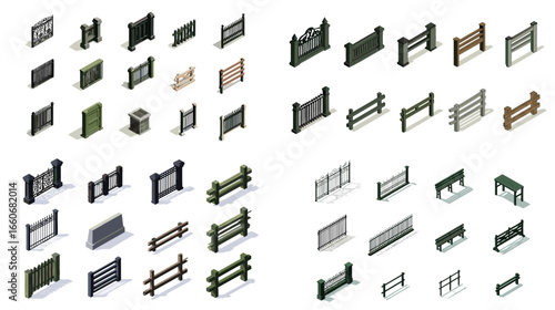 Isometric collection of fences, gates, and barriers in various materials and colors. Great for architecture, construction, and urban landscape design.