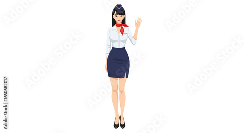 Elegant stewardess in professional attire gracefully waving with friendly gesture