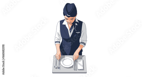Elegant stewardess prepares a refined meal service on aircraft tray table