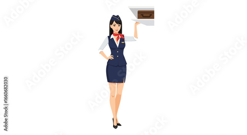 Elegant Stewardess Presenting Luggage with Grace and Poise On White Backdrop