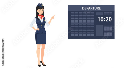 Elegant stewardess presents departure details on information screen vector