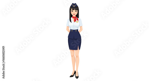 Elegant stewardess showcasing airline attire in a polished graphic rendition