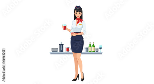 Elegant stewardess serving refreshments on a sleek modern aircraft, vector