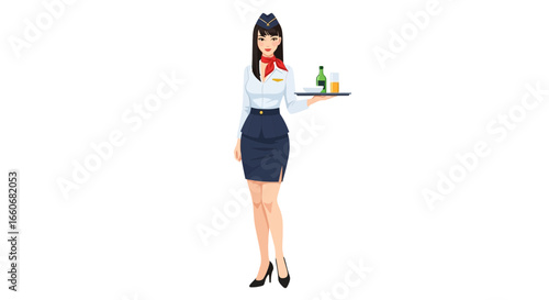 Elegant stewardess serving beverage on tray in flight illustration