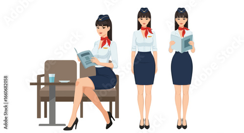 Elegant stewardess showcasing various poses and situations in a stylized vector