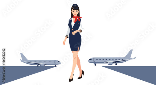 Elegant stewardess standing against a backdrop of planes preparing for flight