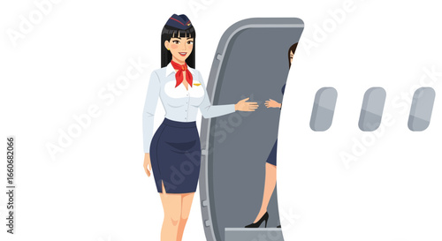 Elegant stewardess welcomes passengers aboard aircraft with cheerful demeanor