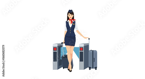 Elegant stewardess with luggage passing through airport entrance barrier