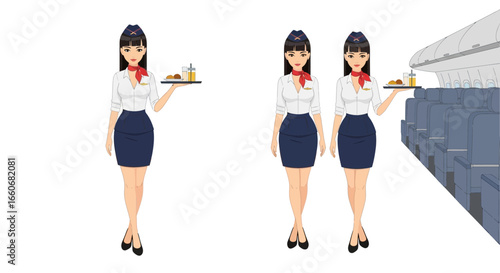 Elegant stewardesses in airplane interior providing service with tray items