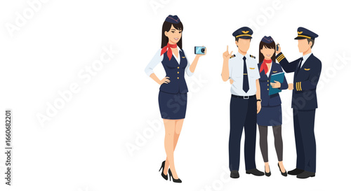 Friendly Aviation Team Illustrating Professionalism and Technology Use