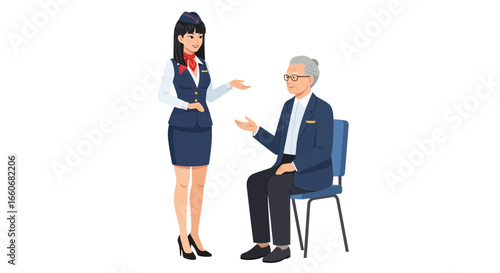 Friendly airline stewardess assisting senior male passenger with travel guidance