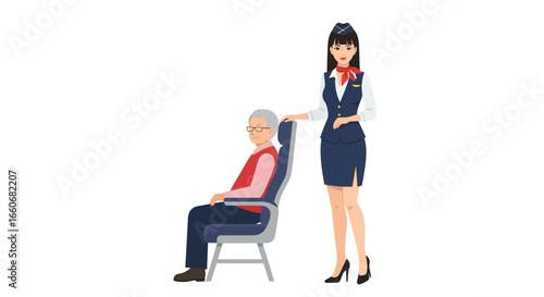 Friendly flight attendant assisting an elderly gentleman during the flight