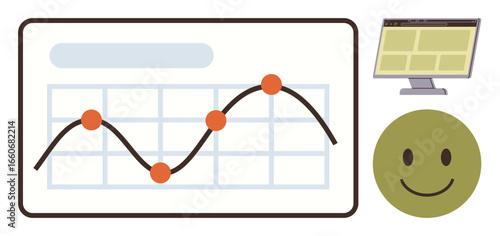 Growth trendline with data points on chart, computer monitor displaying details, happy smiling face. Ideal for analytics, progress, success, business, technology productivity positivity. Simple