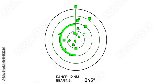 Green radar screen showing objects on sea with range and bearing data