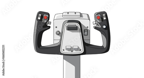 Illustration of a cockpit control yoke with switches and buttons interface