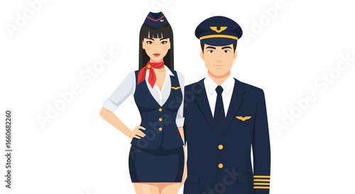 Illustration of a Confident Airline Pilot and Flight Attendant Duo standing